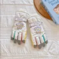 Winter warm ski gloves with cute five-star design, thick fleece lining for cold weather sports. - White