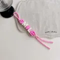 Pink woven strap bag charm with white and pink smile letter beads aesthetic accessory - Dark Pink SMILE