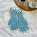 Guantes de punto cálidos de invierno para mujer, estilo dulce guantes azules de cinco dedos. - Talla única / Azul claro