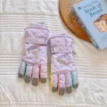 Winter thickened ski gloves for women and kids, cute five-star design, warm touchscreen. - Purple