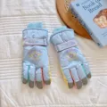 Cute five-star ski touchscreen gloves for women and kids, thick warm windproof winter wear. - Blue
