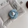Blue tweed camellia flower brooch with central pearl, elegant fabric pin accessory for women. - Three-Petal Blue Brooch