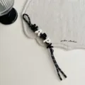 Chic black and white beaded HAPPY lanyard bag charm and keychain pendant for stylish daily use. - Black HAPPY