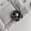Elegant tweed camellia flower brooch with pearl accent, chic fashion pin for women's outfits. - Five-Petal Black Plaid Brooch