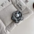 Elegant woven fabric camellia pearl brooch for women, chic tweed flower pin fashion accessory. - Five-Petal Blue with Gray Edge Brooch