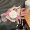 Handmade knitted earphone case with white camellia flower and pink tweed strap, cute mini bag. - Pink Plaid