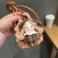 Sac de rangement pour écouteurs bluetooth poupée tricotée à la main porte-monnaie en peluche - Fille à Carreaux Marron avec Sangle Bandoulière