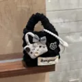 Handmade knitted plush earphone pouch in black tweed style with bow and camellia charm. - Chic Black