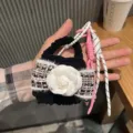 Handmade knitted tweed mini earphone bag with white camellia flower pendant and lanyard. - Gold Thread Black and Pink Floral