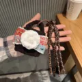 Handmade knitted mini earphone pouch with white camellia flower tweed strap charm chic - Blue Orange Floral