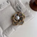 Chic vintage camellia flower brooch with pearl accent and chunky gold chain design. - Five-Petal Chunky Chain Brooch / Black Leopard Print