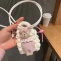 Handmade knitted cute bear mini storage bag, sweet style coin purse with pearl bow ribbon. - Bear Princess with Crossbody Strap