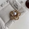 Chanel style gold chain camellia brooch vintage tweed flower pin suit clothing accessory - Five-Petal Chunky Chain Brooch / Beige Plaid