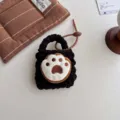 Dark brown knit earphone pouch with cute paw embroidery, miniature handbag keychain style. - Bear Claw
