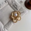 Vintage camellia brooch with chunky chain and pearl centerpiece for elegant suit accessories - Five-Petal Chunky Chain Brooch / Yellow