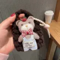 Handcrafted knitted teddy bear earphone pouch charm mini storage bag cute cartoon pendant. - Baking Bear + Soft Rubber Rope