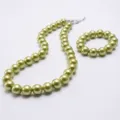 Light green faux pearl necklace and bracelet set, elegant beaded jewelry for women and kids. - Light Green