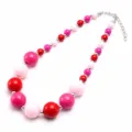Kids acrylic chunky bead necklace, colorful statement jewelry with extension chain for girls. - Red Pink White