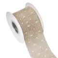 Burlap ribbon roll with white bow and heart print for baking gift packaging and DIY crafts. - 10 Yards / Khaki
