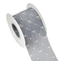 Grey pleated ribbon roll with white bow and heart print, perfect for gift wrapping and DIY crafts. - 10 Yards / Silver