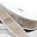 4cm Brown White Gingham Plaid Ribbon Frayed Edge Fabric Trim for Gift Wrapping DIY Crafts - Light Brown