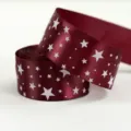 Nastro di raso bordeaux con stelle bianche per confezioni regalo, 2.5 cm di larghezza. - Stella Rosso Vino / 5 Yards / Borgogna