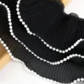 Cinta de gasa plisada negra con perlas 9cm 3 capas encaje con volantes para manualidades - Borde perlado / Negro