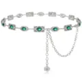 Vintage silver metal waist chain with green gemstone rhinestones and delicate carved links. - Silver Green Gem Waist Chain