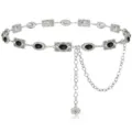 Vintage silver waist chain with black stones and rhinestone details for women fashion dress. - Silver Black Gem Waist Chain