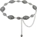 Retro zilveren kruis tailleketting voor dames, vintage metalen riem met hangende kettingen. - Antiek Zilver Ovaal Kruis Tailleketting