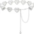 Detailed view of the silver metal heart chain belt, featuring interlocking heart links and charm. - Heart Waist Chain / Silver