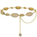 Vintage gold metal waist chain, intricate engraved round medallions and hanging chain details. - Gold Lace Oval Waist Chain
