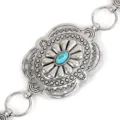 Vue détaillée de la ceinture chaîne en métal argenté vintage avec turquoise, style ethnique. - Chaîne de Taille Turquoise Motif Carré Argent / Argent