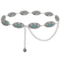 Chaine de taille en metal argente retro boheme avec medaillons graves et pierres bleues. - Chaîne de Taille Tête de Taureau / Argent antique