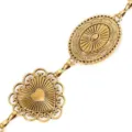 Vintage gouden metaal tailleketting detail, retro snijwerk hart en ovale hangers chic. - Gouden Ovale Taillenkette