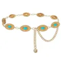 Vintage gold metal chain belt with turquoise oval charms for women fashion daily wear detail. - Turquoise Waist Chain / Gold
