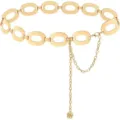 Close-up of gold metal chain belt with oval links and floral pendant detail for women dress - Ring Waist Chain / Gold