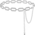 Détail de ceinture chaîne en métal argenté, maillons géométriques carrés, réglable. - Chaîne de Taille Ovale Argentée