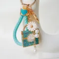 Creative cute metal rhinestone 3D daisy handbag keychain with pearls and blue braided strap - Daisy Handbag Blue + Heart Lanyard