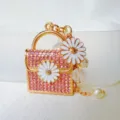 Cute rhinestone daisy handbag keychain with pearl pendant, shiny metal miniature bag charm for keys. - Daisy Handbag Pink