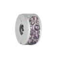 Silver tone metal hinged clip charm bead embedded with purple cubic zirconia stones for DIY bracelet. - Steel Color Round Purple Rhinestone