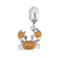 Silberner Krebs Anhänger mit orangefarbenem Emaille und Kristallen für DIY Armbänder. - Krabbe / Stahlfarben