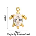 Stainless steel gold turtle pendant with white cubic zirconia, 14x12mm DIY jewelry charm. - Turtle - Transparent Rhinestone / Gold