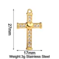 Gold stainless steel cross pendant with cubic zirconia and heart charm 27x17mm jewelry making - Cross / Gold