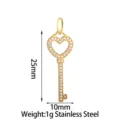 Gold stainless steel heart key pendant with white zircon, measuring 25x10mm, weighing 1g. - Gold Hollow Heart Key