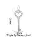 Stainless steel heart key pendant charm with sparkling zirconia stones for DIY jewelry making. - Silver Hollow Heart Key