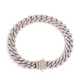 Pulsera de cadena cubana de circonita rosa de acero inoxidable tono plateado joya moda - 16cm / Color Acero (Strass Rosa)