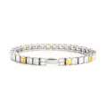 Stainless steel tennis bracelet featuring alternating white and yellow square cubic zirconia stones. - 4MM Steel Color Square 3 White + 1 Yellow