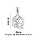 Edelstahl Buchstabe Anhänger mit Zirkonia, stilvolles Ranken-Design, 14x12mm Größe. - Buchstabe Q / Stahlfarben