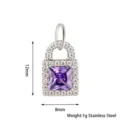 Edelstahl lila quadratischer Zirkon Vorhängeschloss Anhänger, Abmessung 12x8mm, 1g. - Schloss mit Violettem Zirkonia / Silber